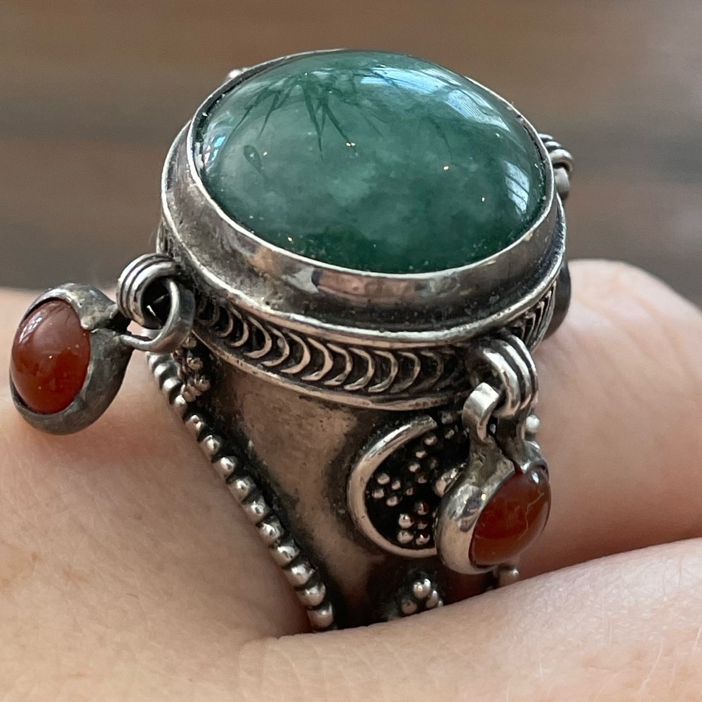 Sterling Silver Green Agate and Carnelian Statement Ring